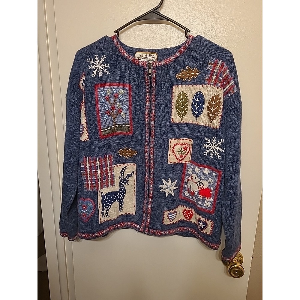Vintage Heirloom Collectibles Holliday Cardigan Womens M Blue‎ Patchwork Knit